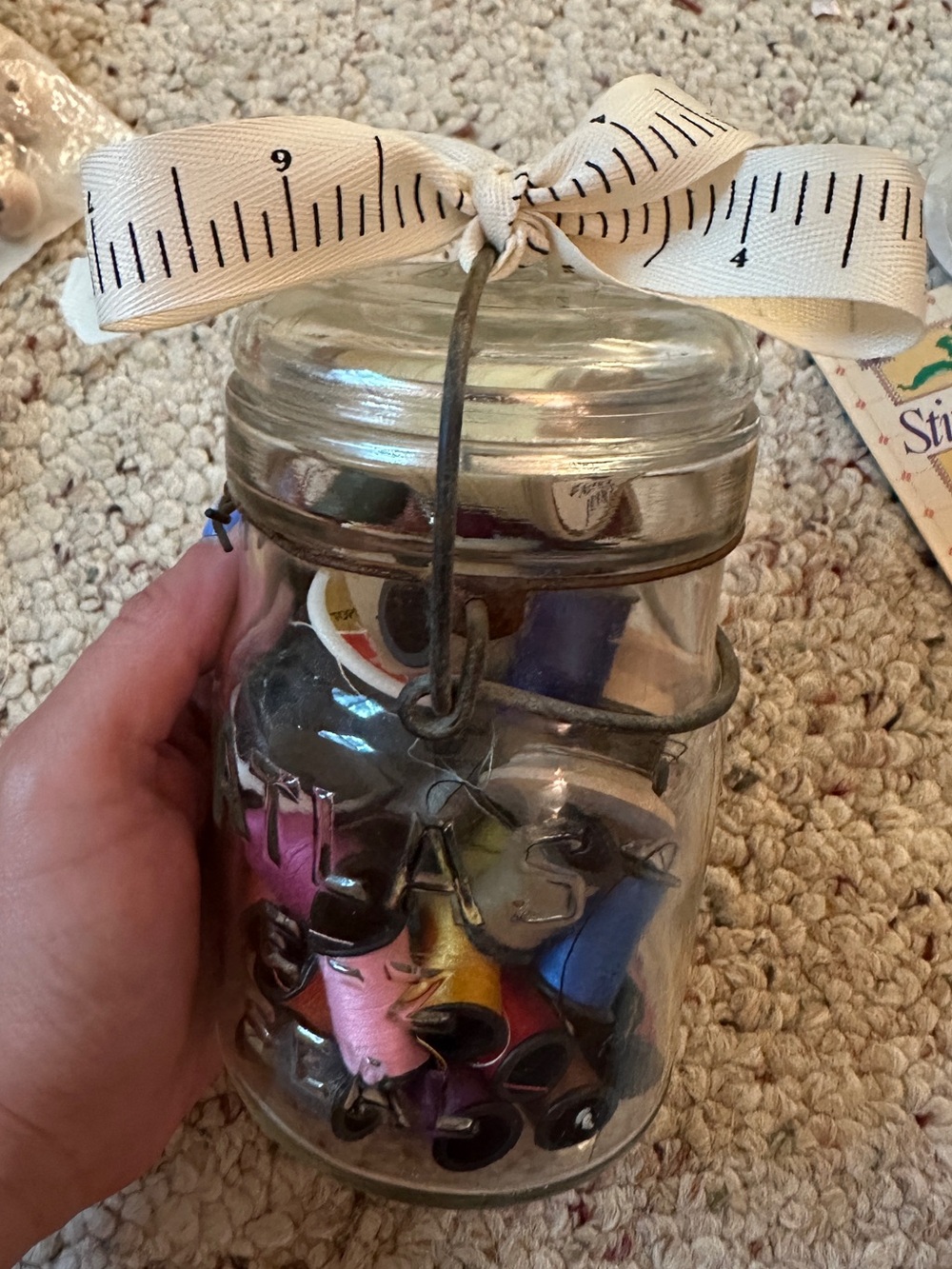 Vintage Glass Mason Jar with Wire Bail and vintage thread